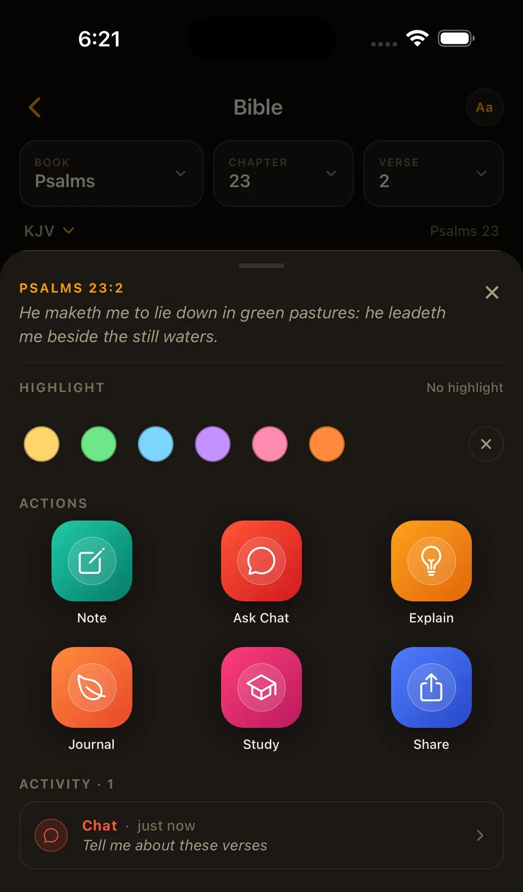 The verse Actions menu in Modern Word — tap a verse to add a note, ask a question, start a prayer, highlight, or explain it