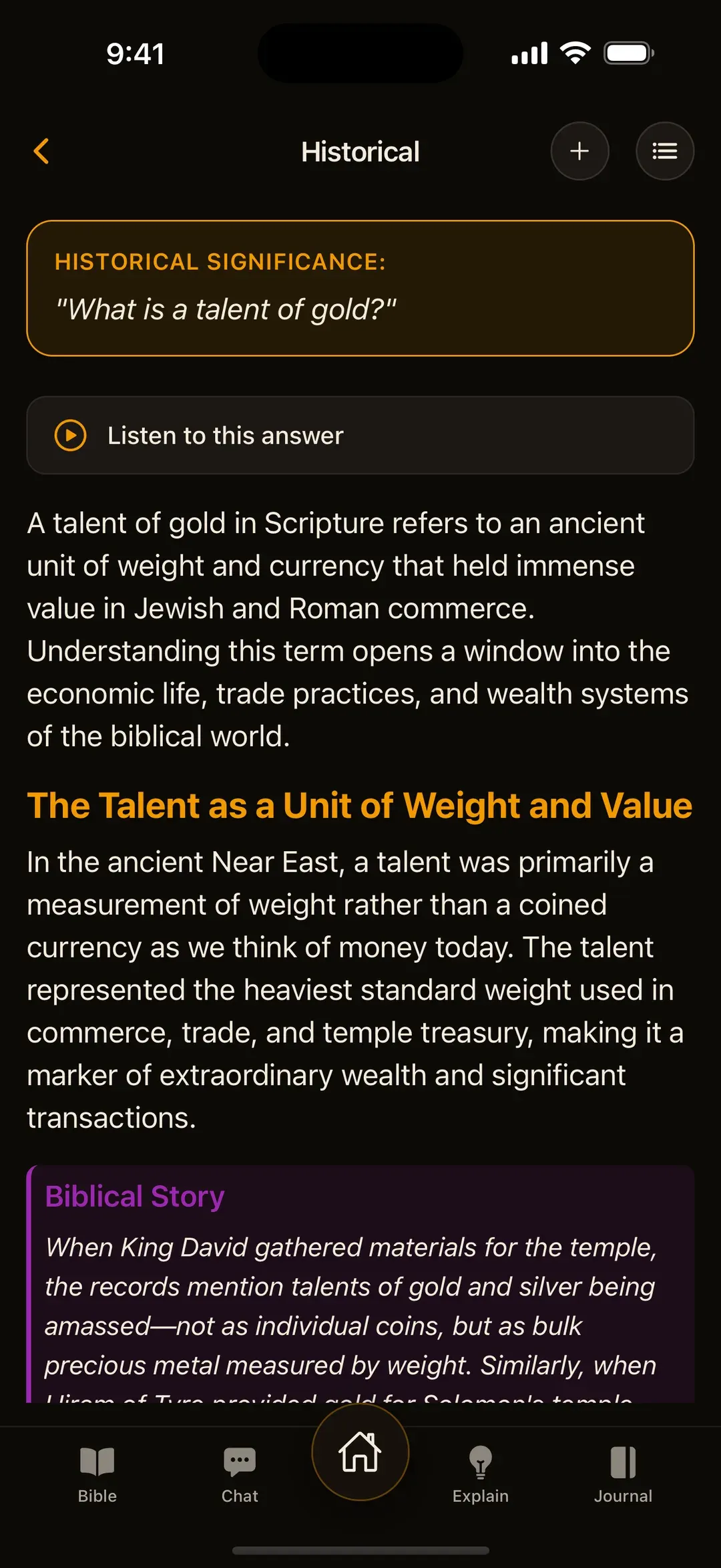 The Modern Word Historical screen answering “What is a talent of gold?”: a talent was an ancient unit of weight rather than a coin, with a section on the talent as a unit of weight and value and a Biblical Story note