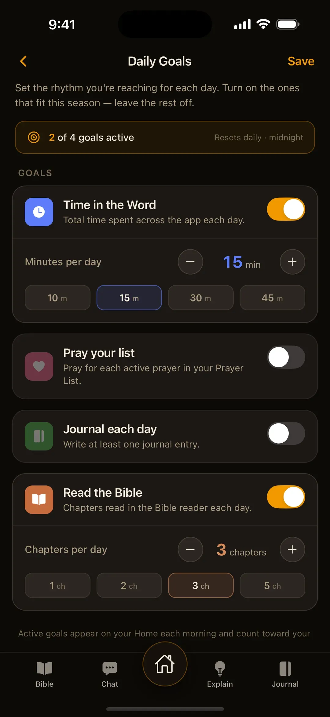 The Modern Word Daily Goals screen: 2 of 4 goals active, Time in the Word set to 15 minutes a day and Read the Bible set to 3 chapters a day, with Pray your list and Journal each day switched off