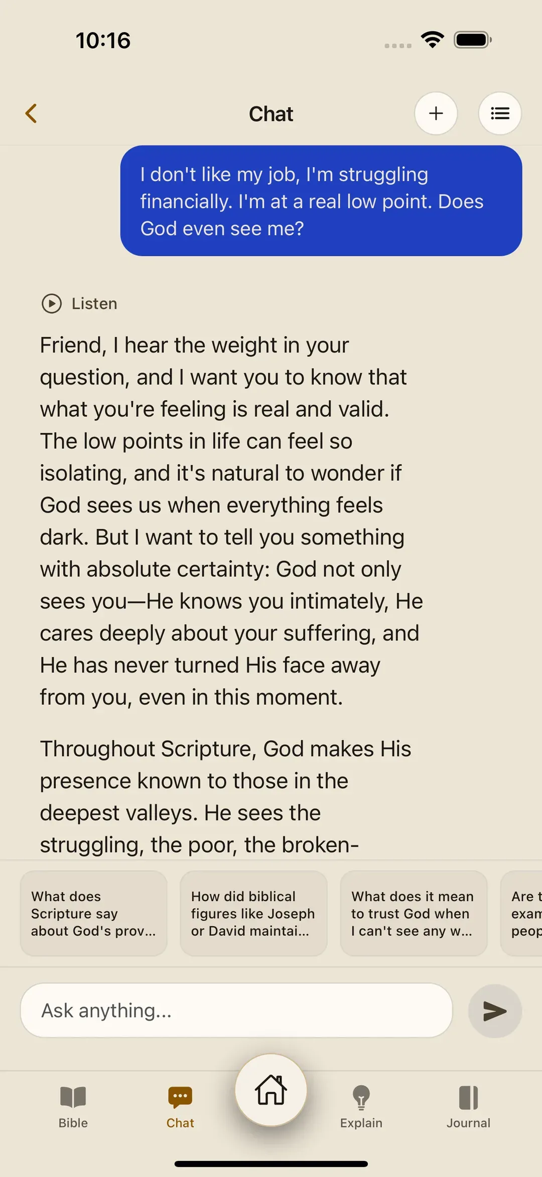 Modern Word chat in light mode: someone writes that they don't like their job, are struggling financially and ask whether God even sees them, and the answer begins with reassurance that God sees them and knows them