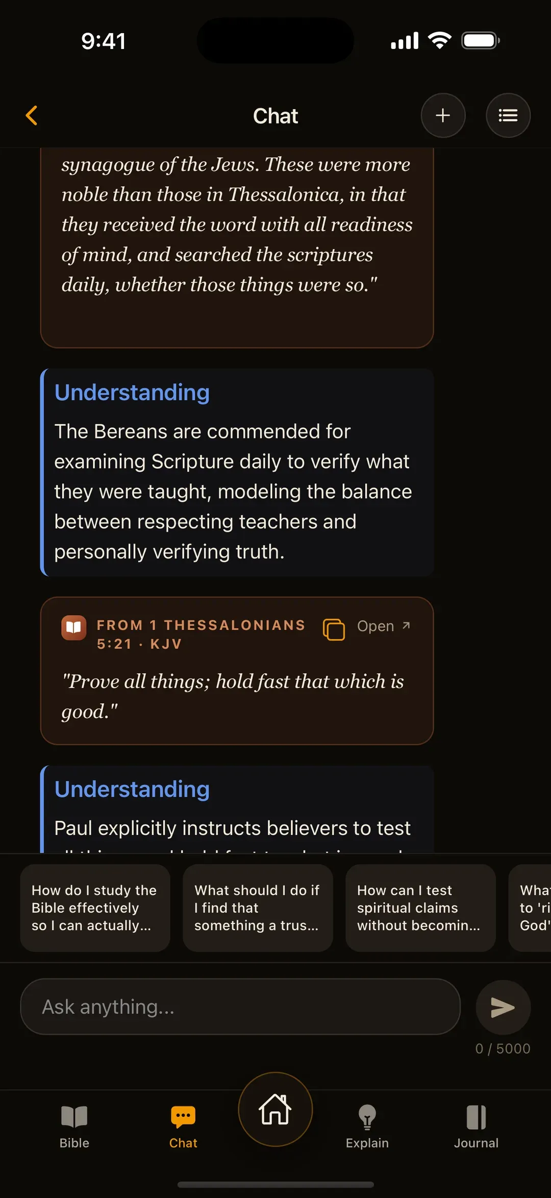 A Modern Word chat answer: an Understanding note on how the Bereans examined Scripture daily, then a citation card quoting 1 Thessalonians 5:21 in the KJV, “Prove all things; hold fast that which is good,” with an Open link to the passage