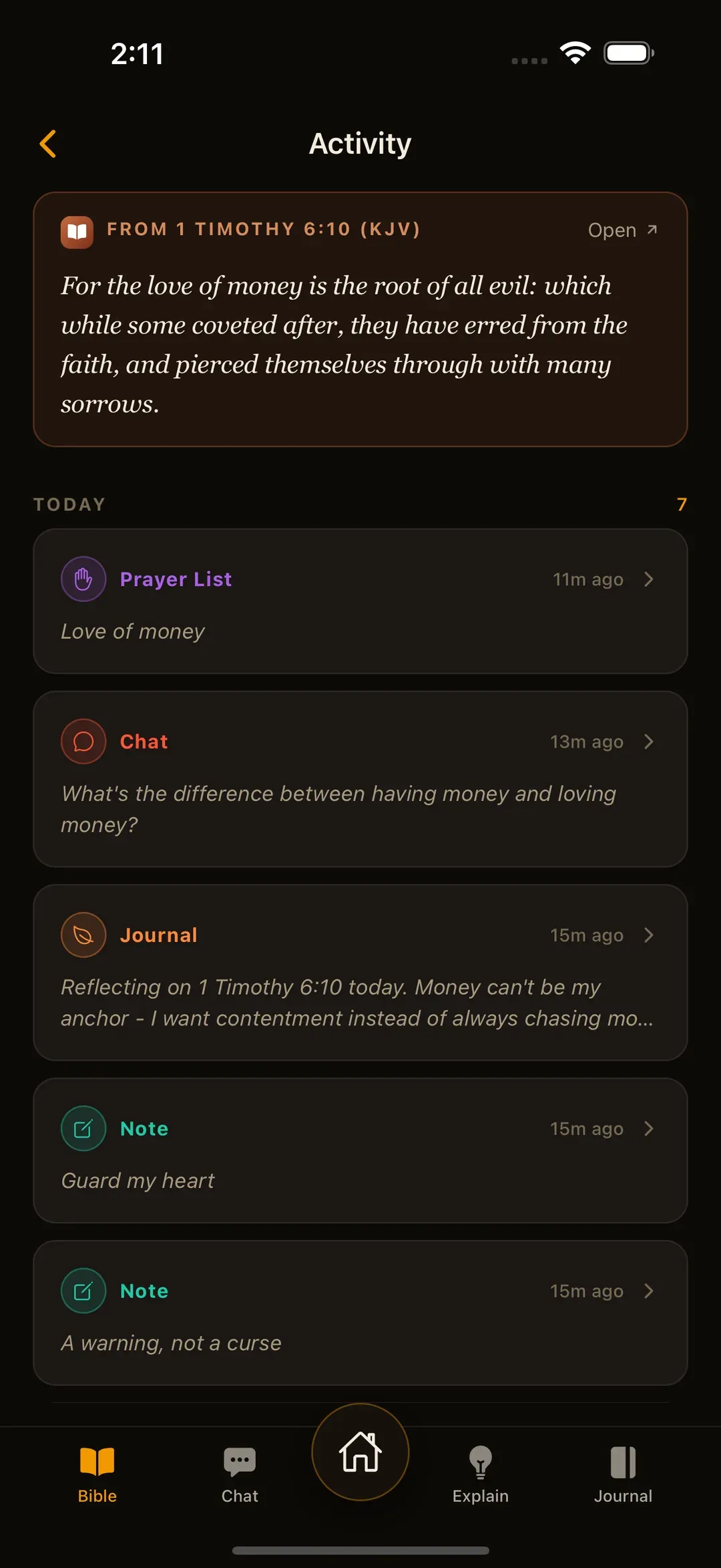 The Modern Word Activity screen for 1 Timothy 6:10 in the KJV: the verse at the top, then today's prayer list entry, chat question, journal entry and two notes, all tied to that verse