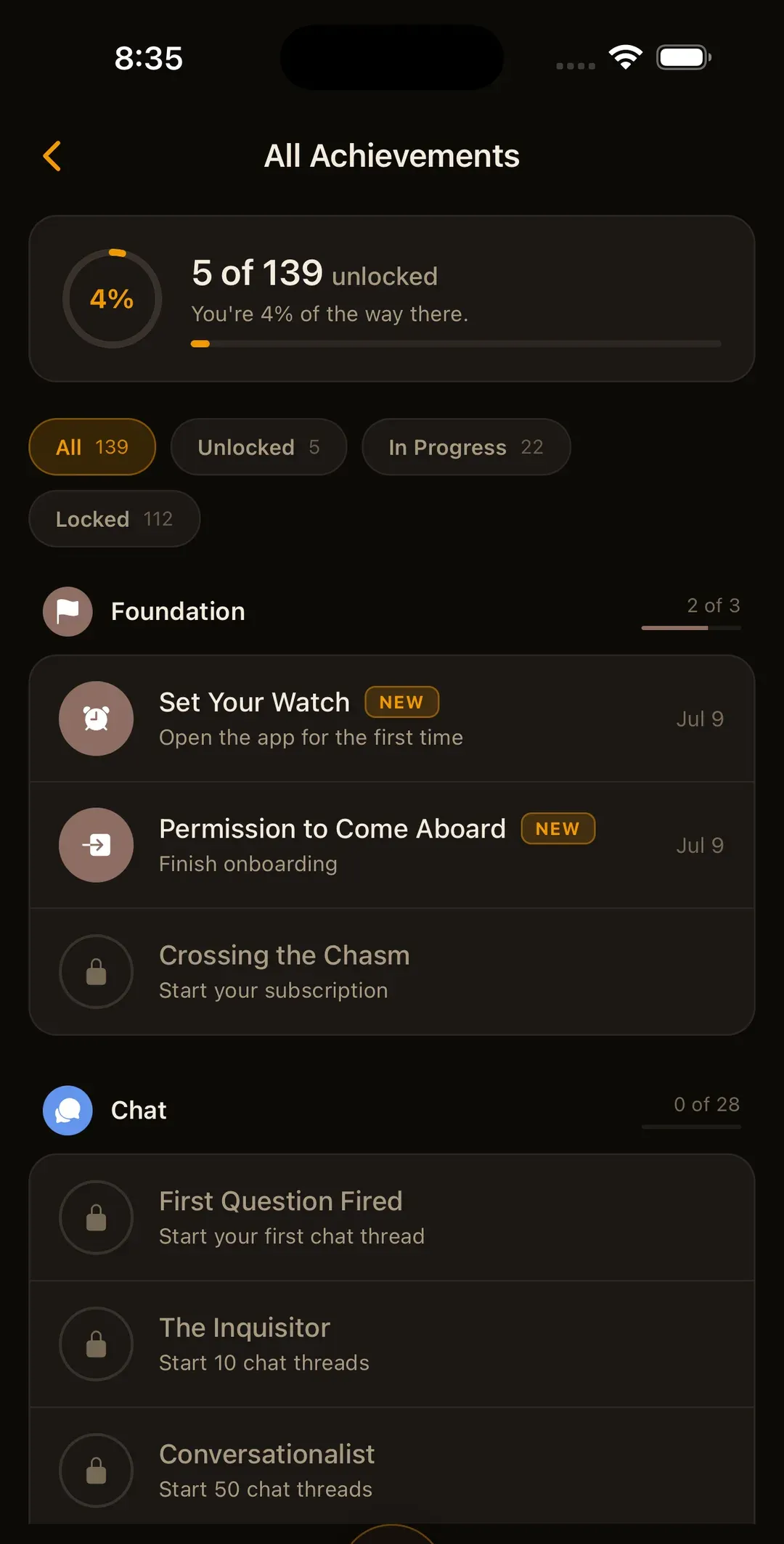The All Achievements screen in Modern Word — 5 of 139 unlocked, category groups, and new-badge markers